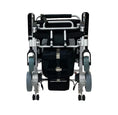 Load image into Gallery viewer, EZ Lite Cruiser Deluxe Regular DX8 electric wheelchair folded, showing front underside with wheels and frame in black and silver.