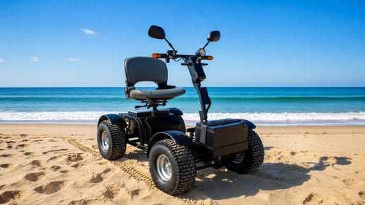 All-terrain mobility scooter on beach sand with large off-road tires