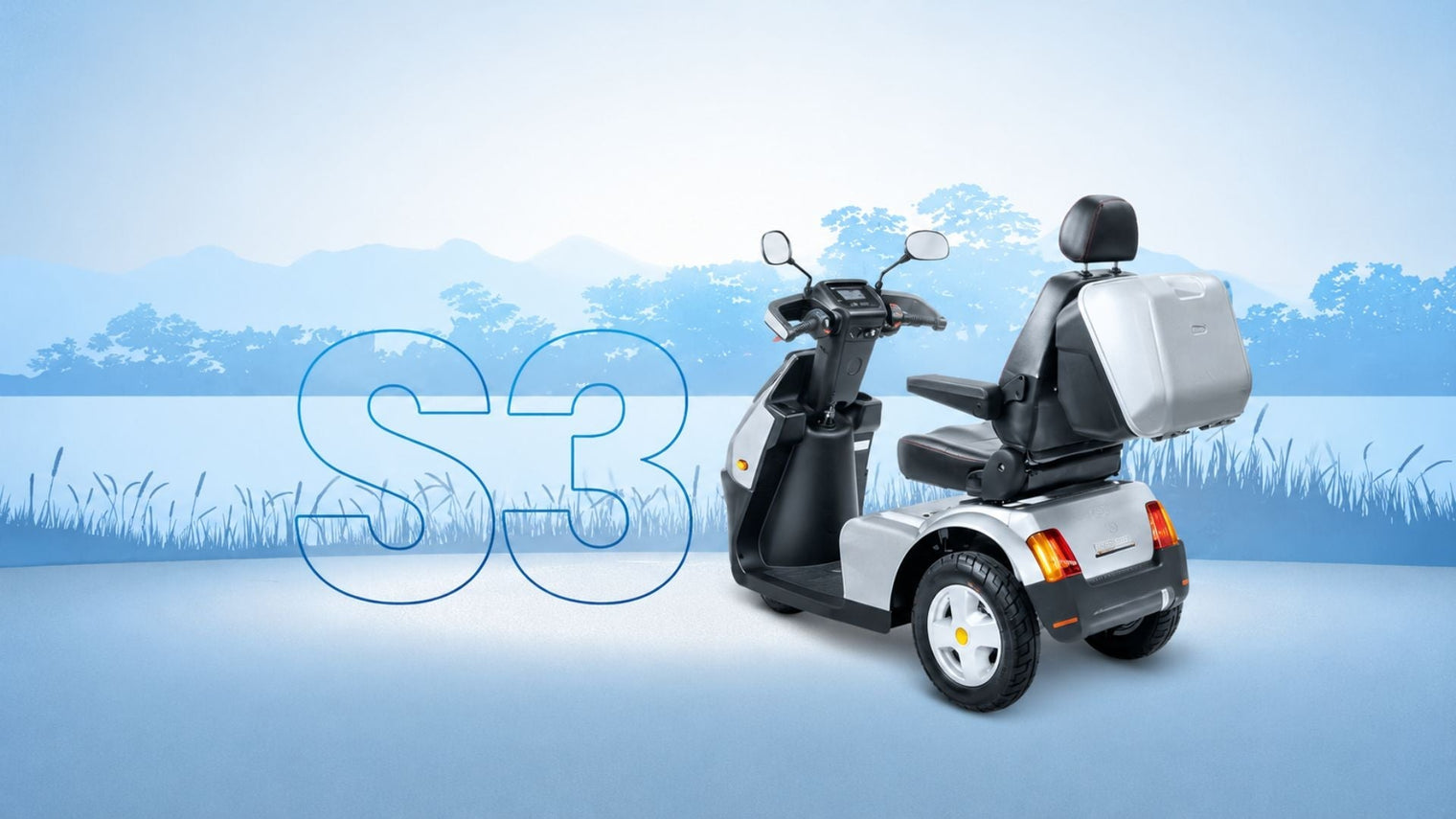 Heavy duty mobility scooter with S3 branding on blue background