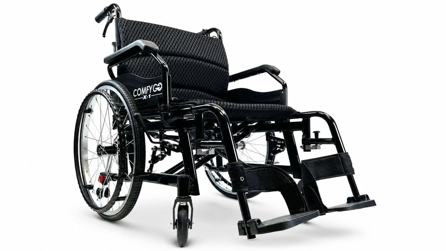 ComfyGo wheelchair with lightweight folding frame and adjustable footrests