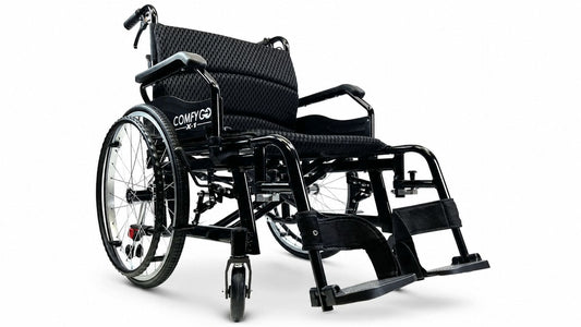ComfyGo wheelchair with lightweight folding frame and adjustable footrests