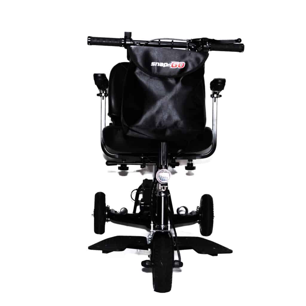 SNAPnGO Mobility Scooter Sport Edition with USB port, compact electric scooter with sleek design and handlebar controls.