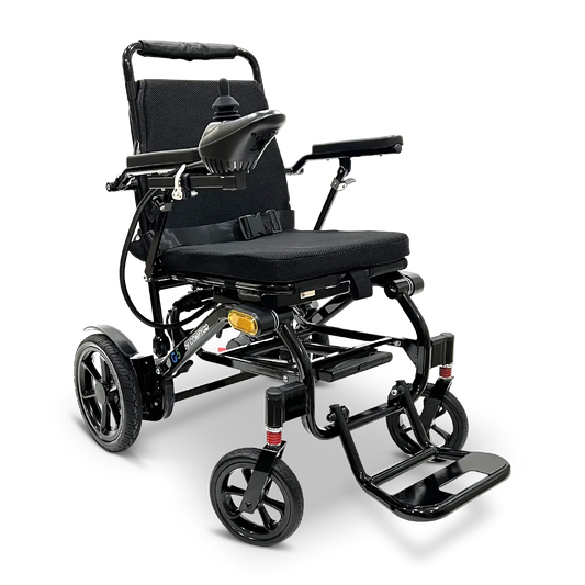 Lightweight foldable electric wheelchair by ComfyGO, featuring a sleek frame and compact design for easy mobility.