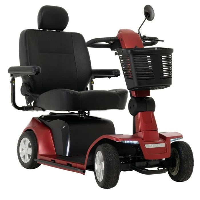Discover Your Mobility Pride Maxima 4-wheel scooter in black with a padded seat and adjustable armrests, designed for comfortable mobility.