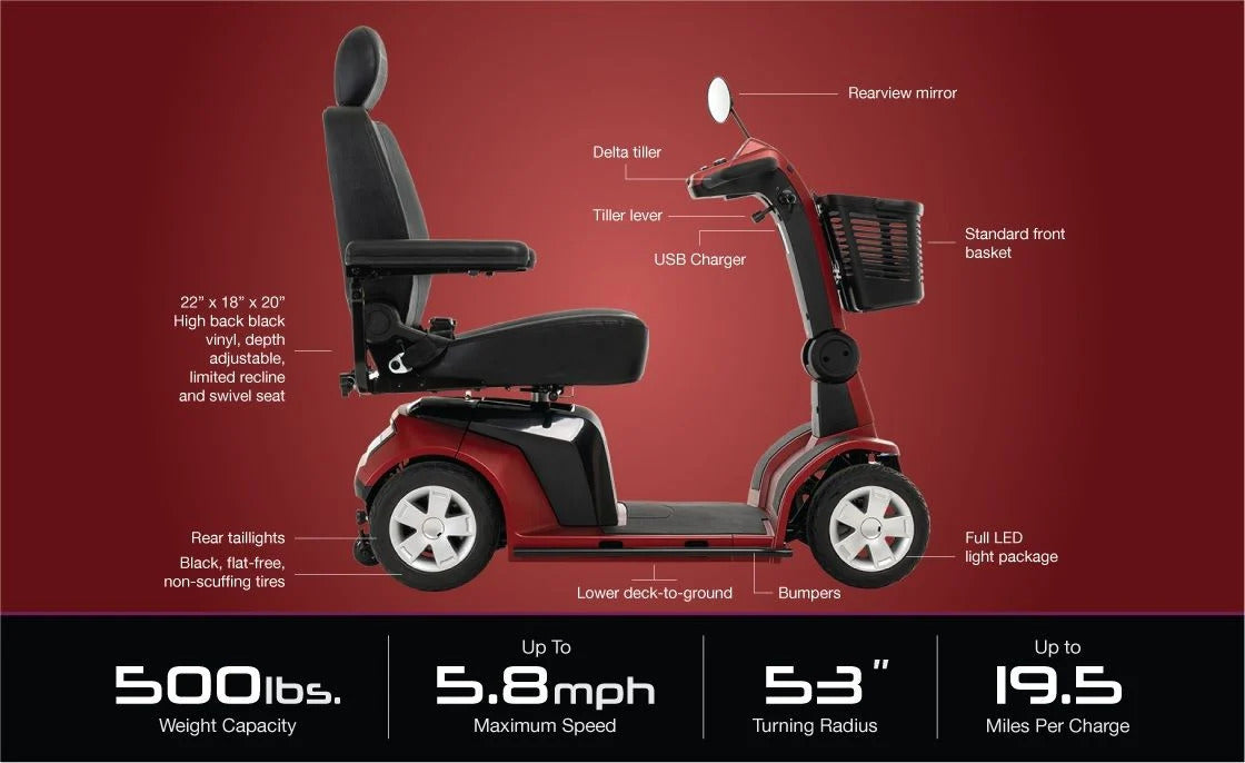 Pride Maxima 4-wheel scooter from Discover Your Mobility, featuring a sturdy frame and comfortable seat for easy mobility.