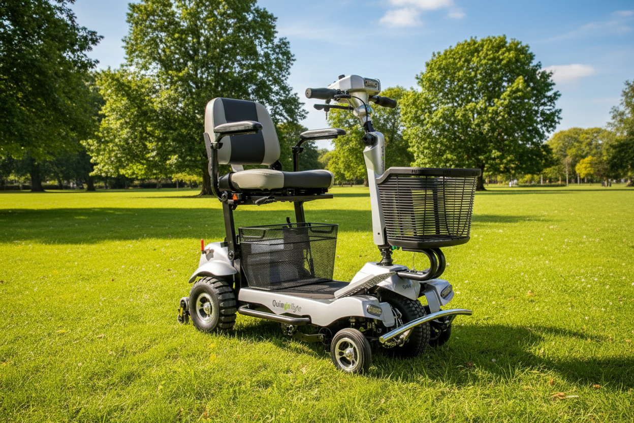 ComfyGO Quingo Flyte mobility scooter with MK2 self-loading ramp and docking station, black and compact design for easy transportation.