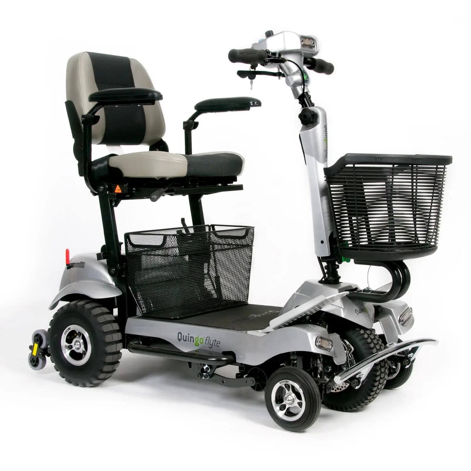 ComfyGO Quingo Flyte mobility scooter with MK2 self-loading ramp and docking station, designed for easy outdoor mobility and transport