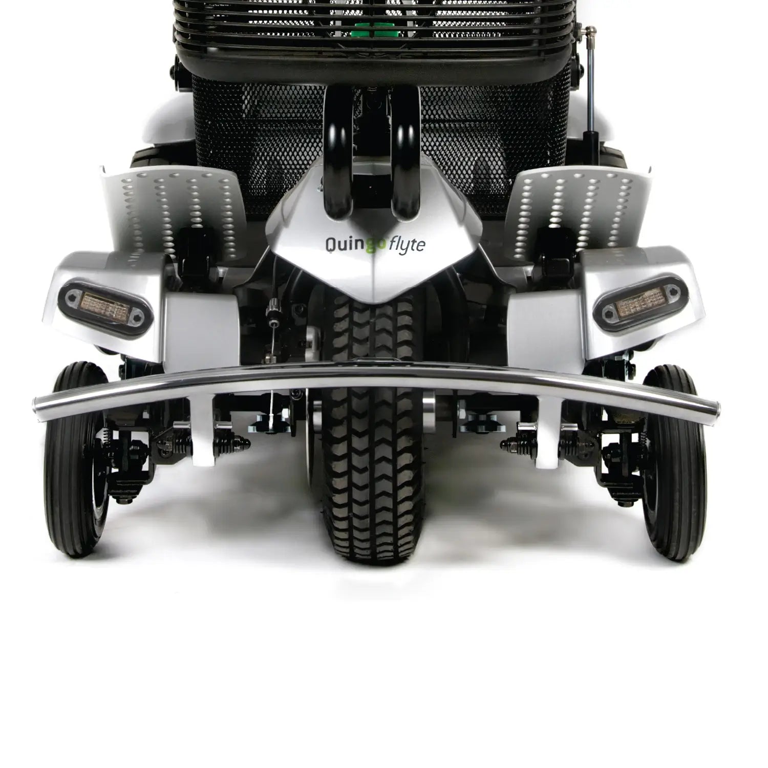 ComfyGO Quingo Flyte mobility scooter with MK2 self-loading ramp and docking station, designed for easy outdoor mobility.
