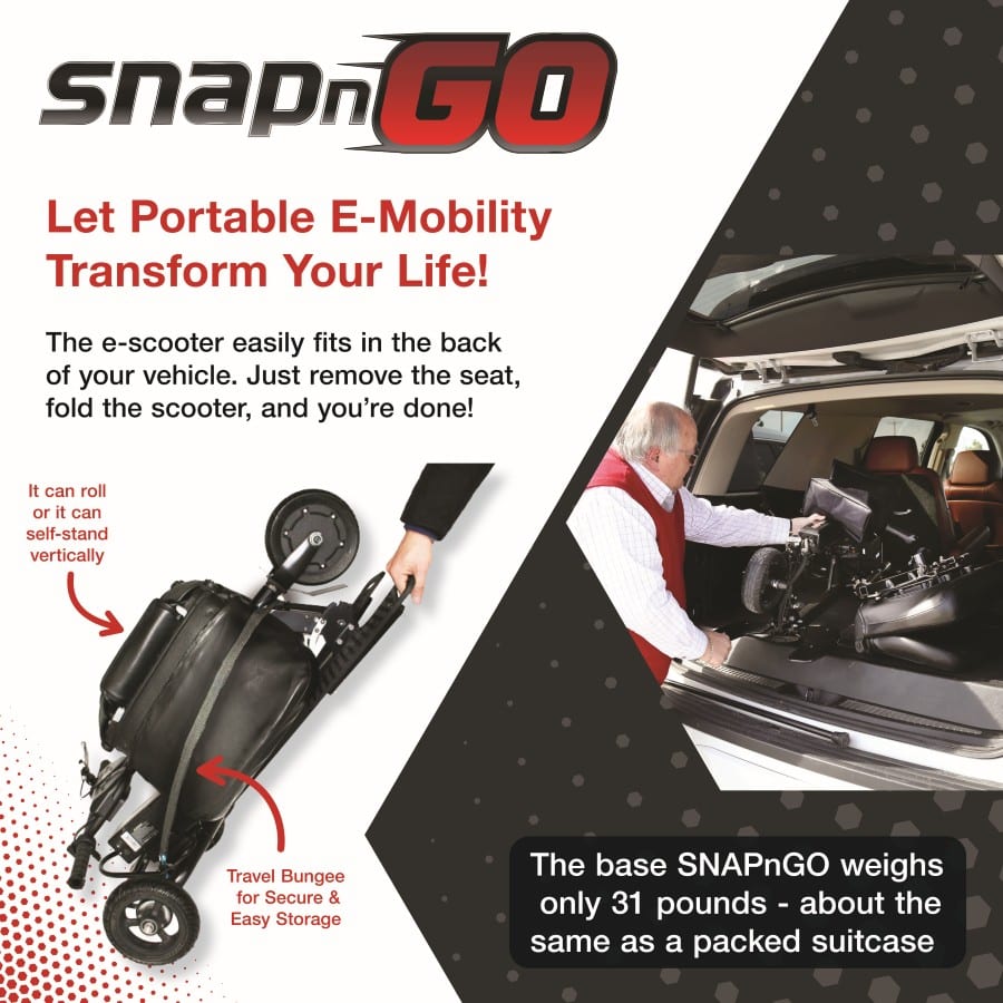 SNAPnGO Mobility Scooter Sport Edition with USB port, compact electric scooter for easy transportation and outdoor use.