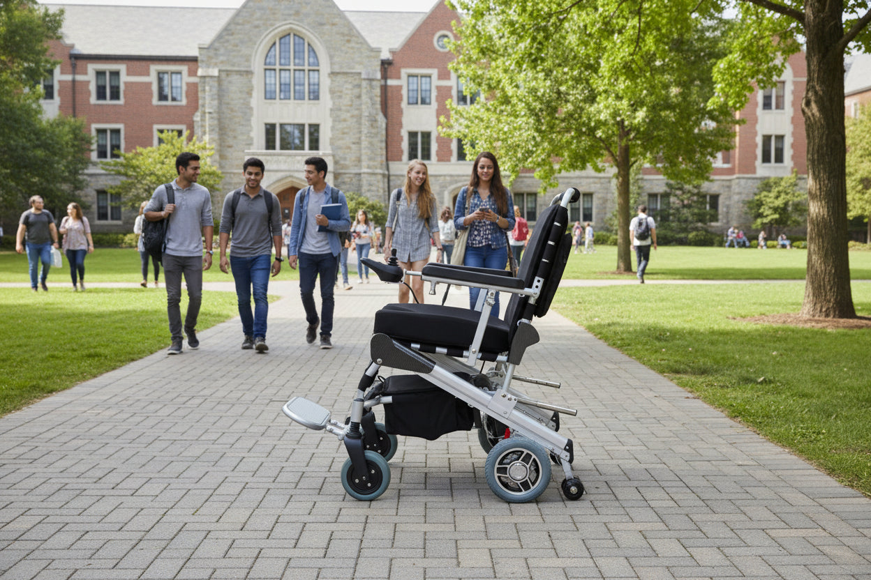 EZ Lite Cruiser Deluxe Regular DX8 electric wheelchair shown unfolded from the left side, highlighting its compact design and frame details.