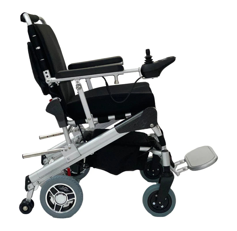 EZ Lite Cruiser Deluxe Regular DX8 electric wheelchair shown from the unfolded side view on the right.