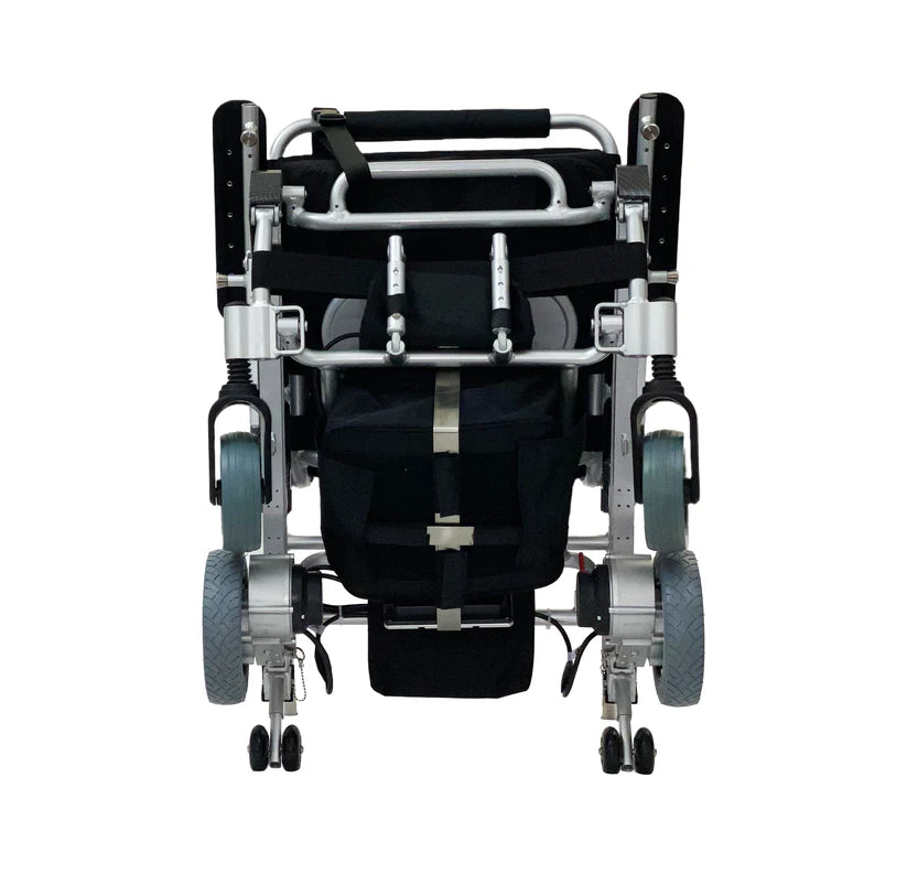 EZ Lite Cruiser Deluxe Regular DX8 electric wheelchair folded, showing front underside with wheels and frame in black and silver.