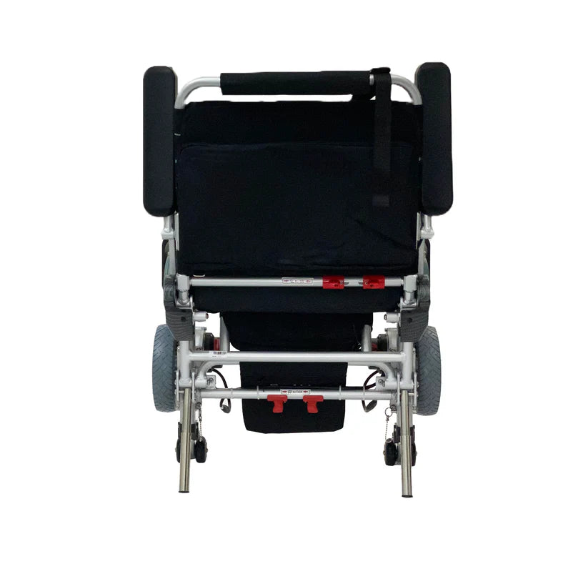 EZ Lite Cruiser Deluxe Regular DX8 electric wheelchair folded with back view, compact and portable design, black frame, user-friendly features