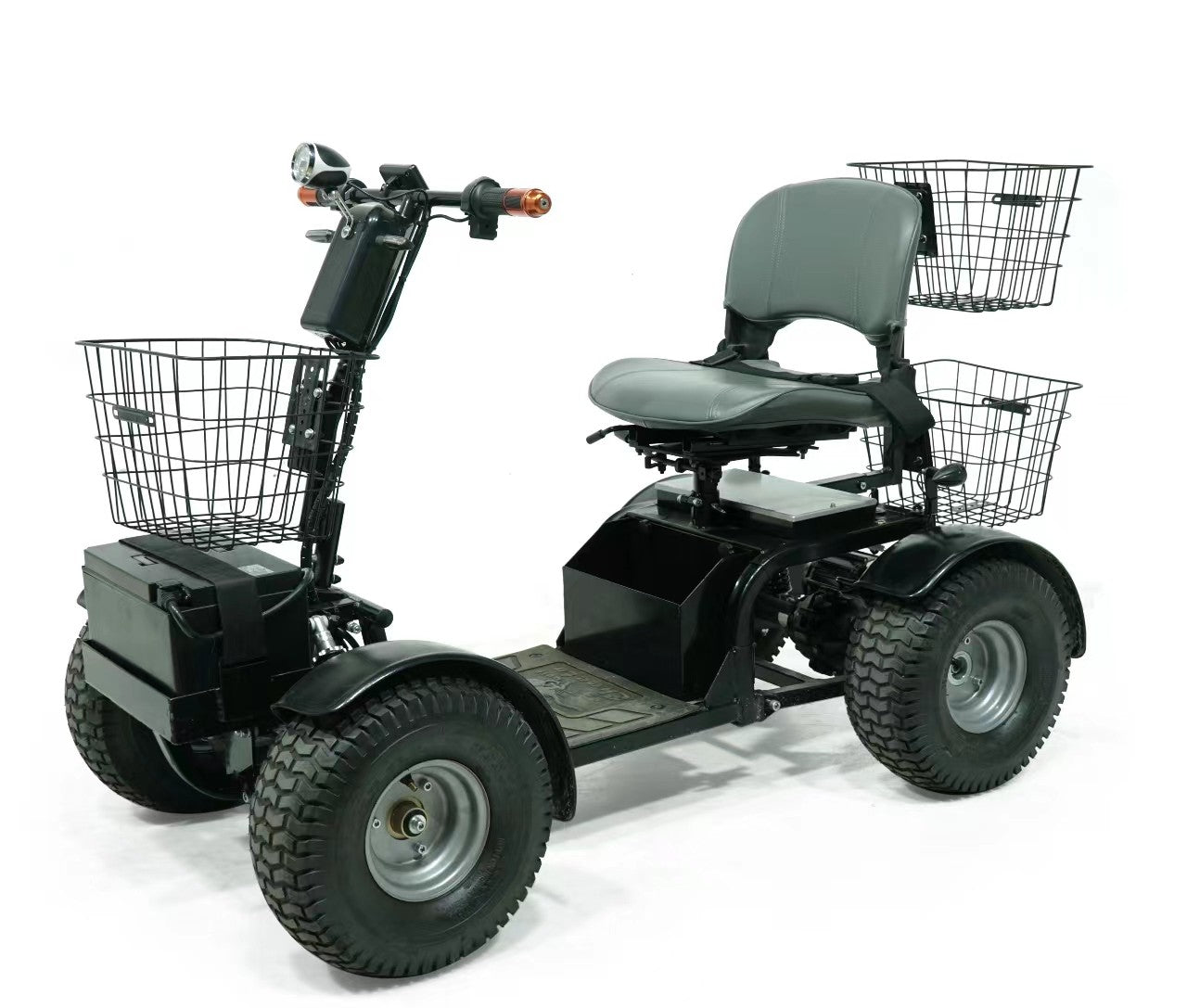 Discover Your Mobility Cheeta Ninja All Terrain Bariatric Scooter with three baskets, designed for stability and weight capacity.