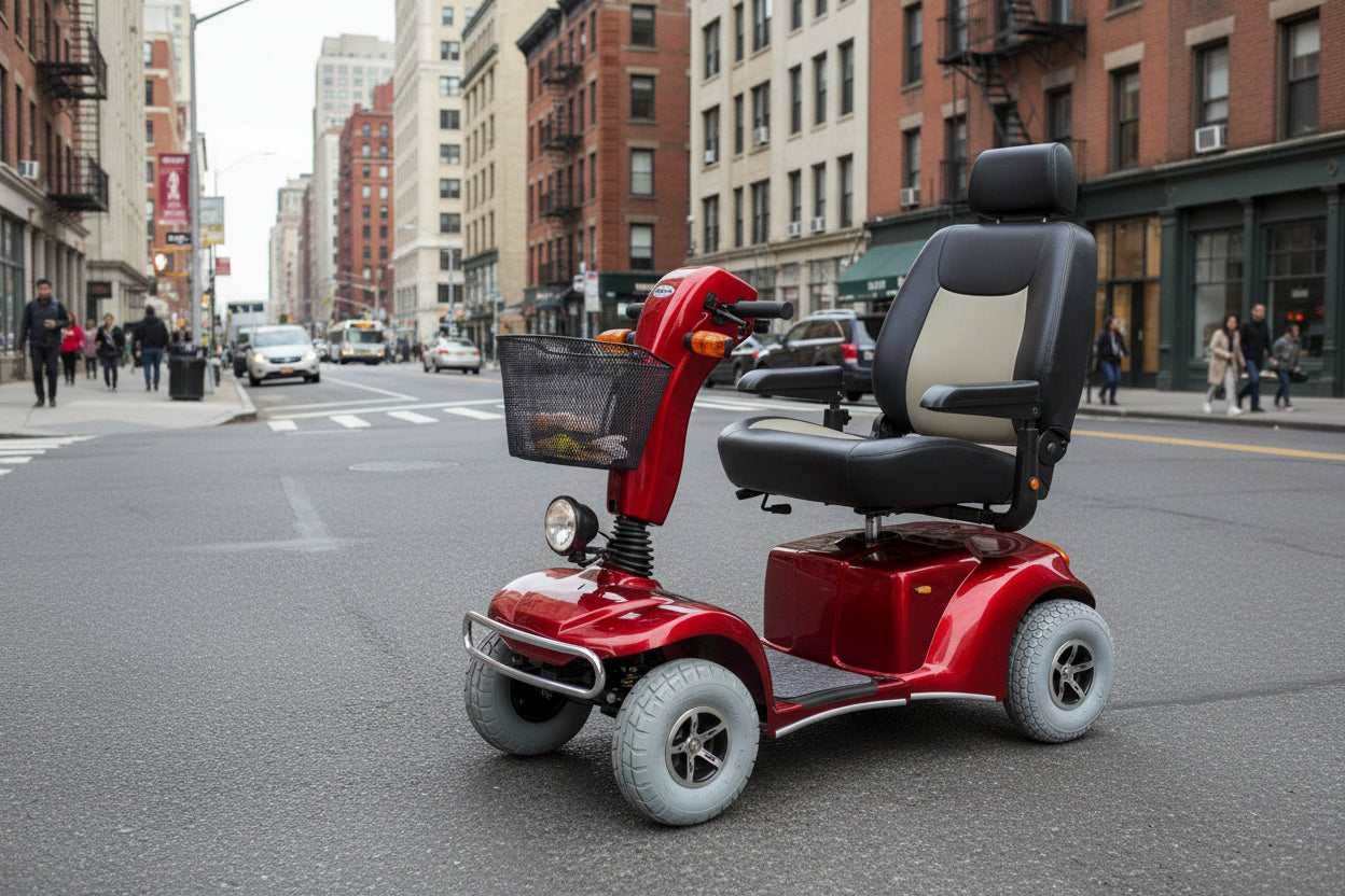 Discover Your Mobility Merits S341 Pioneer 10 DLX bariatric scooter with a sturdy seat and large wheels for enhanced stability and comfort.